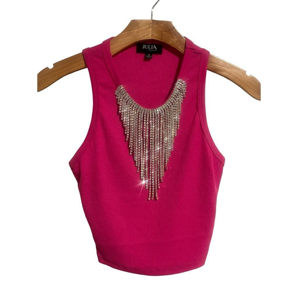 Julia By Love J Pink Ribbed Rhinestone Fringe Crop Tank Top - S
